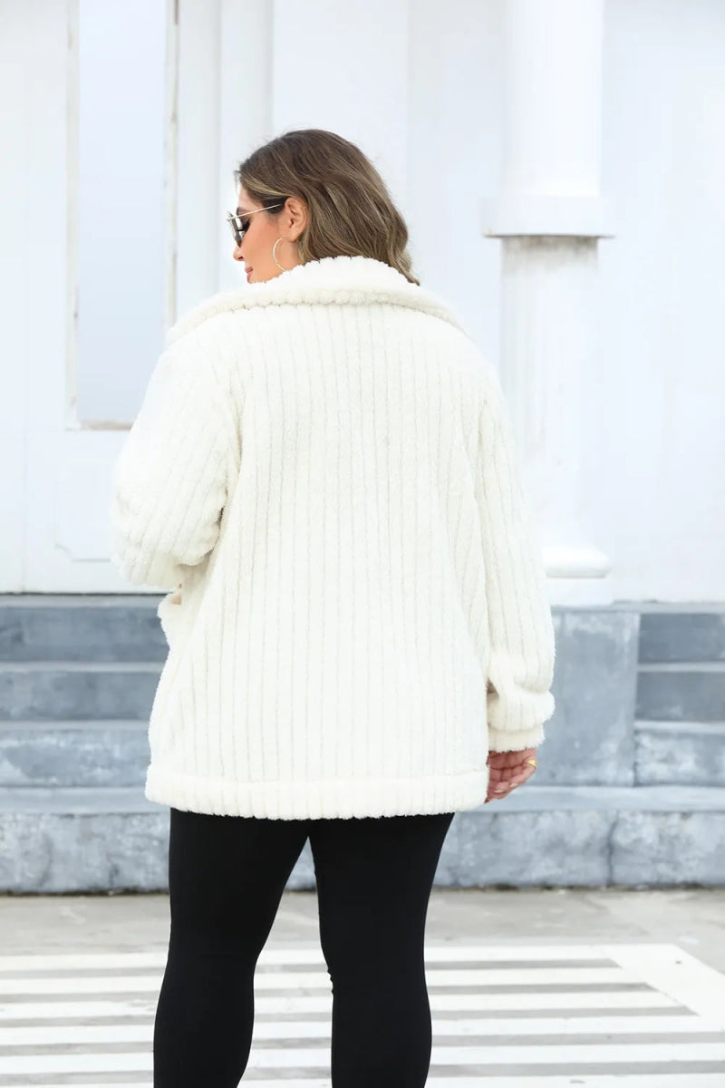 Fuzzy Collared Neck Long Sleeve Jacket - Deb Shops