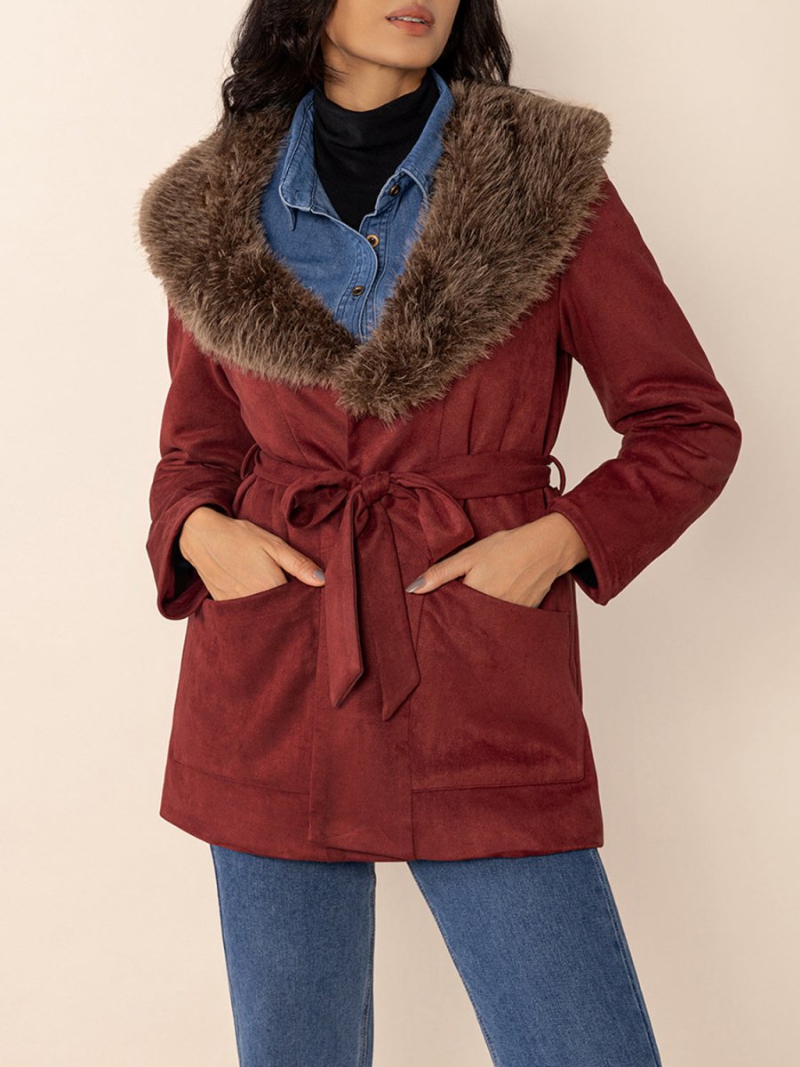 Fuzzy Collared Neck Tie Waist Jacket - Deb Shops