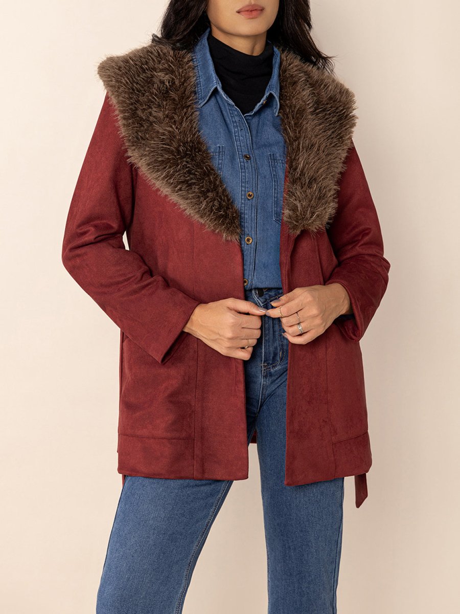 Fuzzy Collared Neck Tie Waist Jacket - Deb Shops