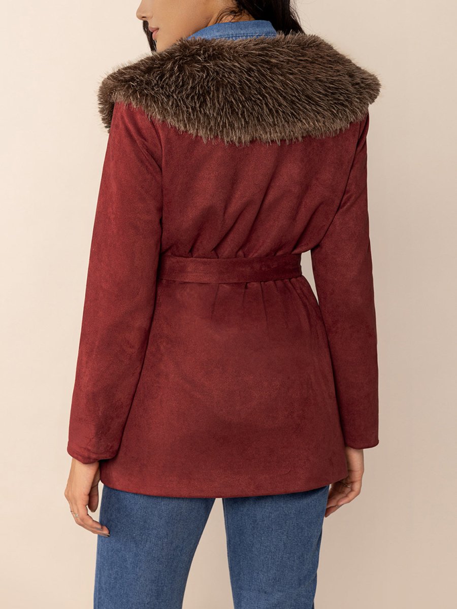 Fuzzy Collared Neck Tie Waist Jacket - Deb Shops