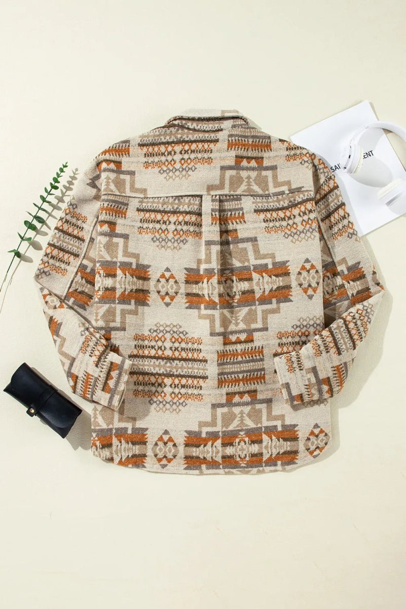 Geometric Collared Neck Long Sleeve Jacket - Deb Shops