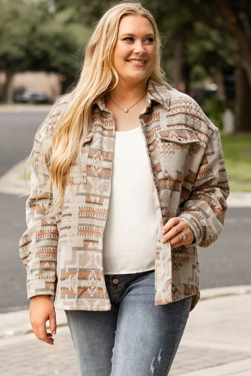 Geometric Collared Neck Long Sleeve Jacket - Deb Shops