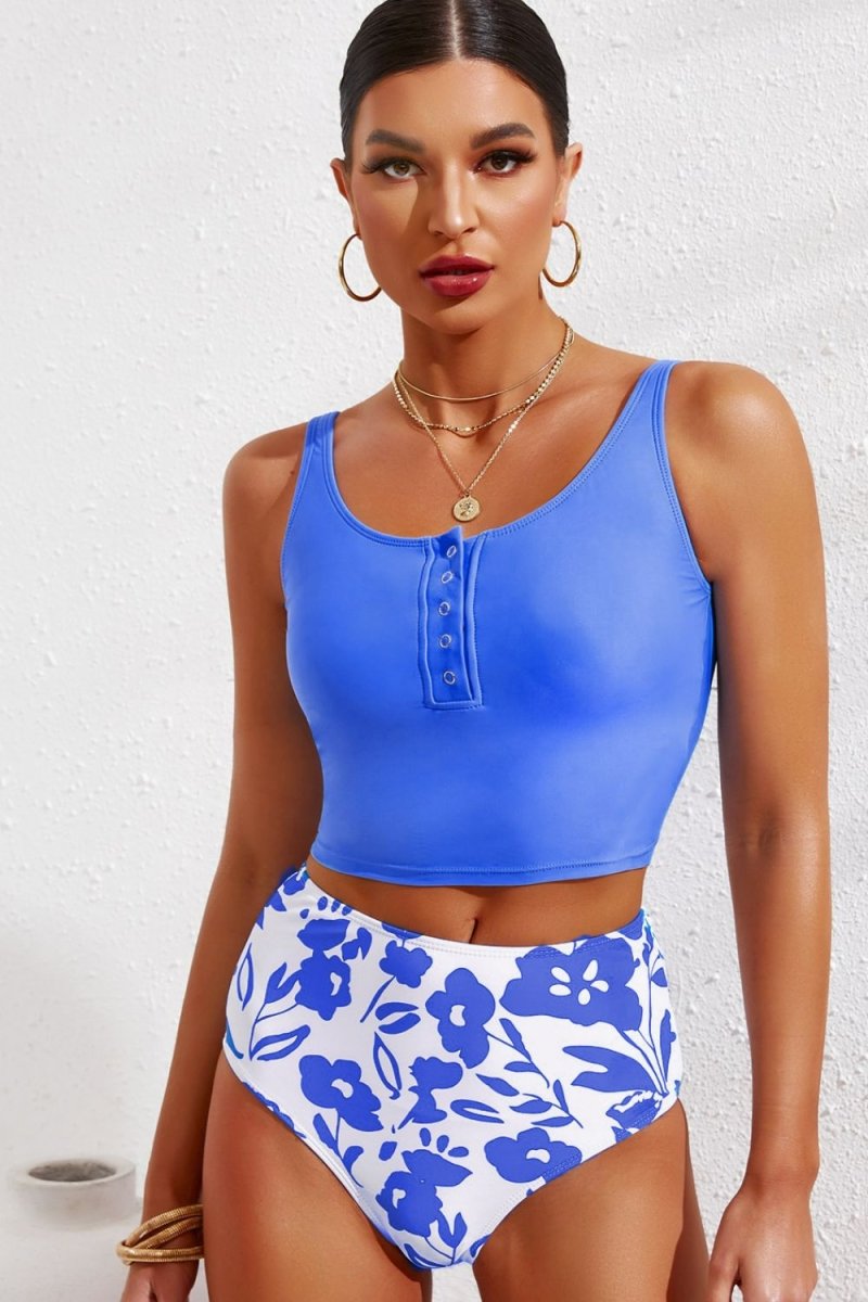 Half Snap Square Neck Tankini Set - Deb Shops