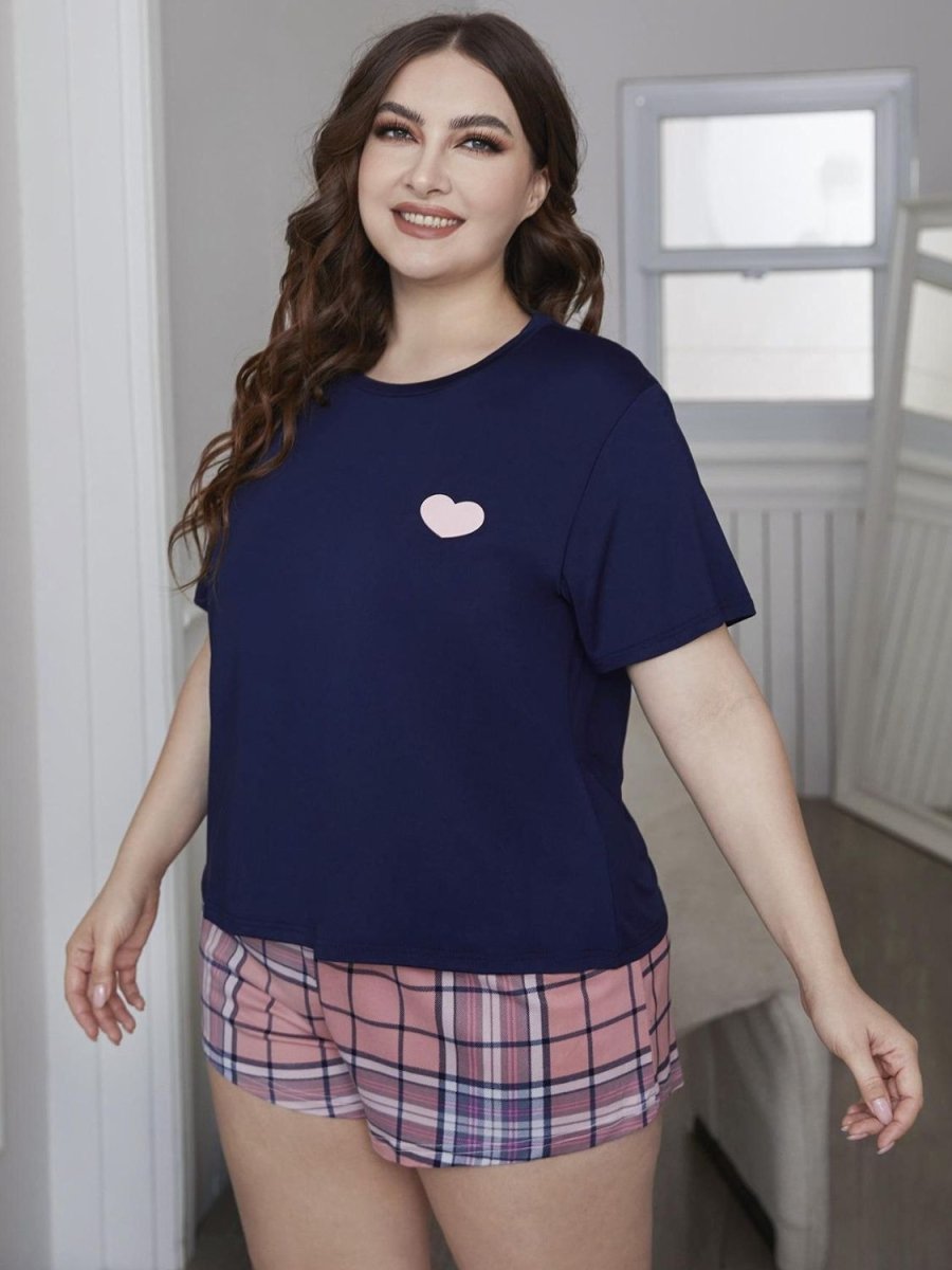 Heart Graphic Top and Plaid Shorts Loungewear Set - Deb Shops