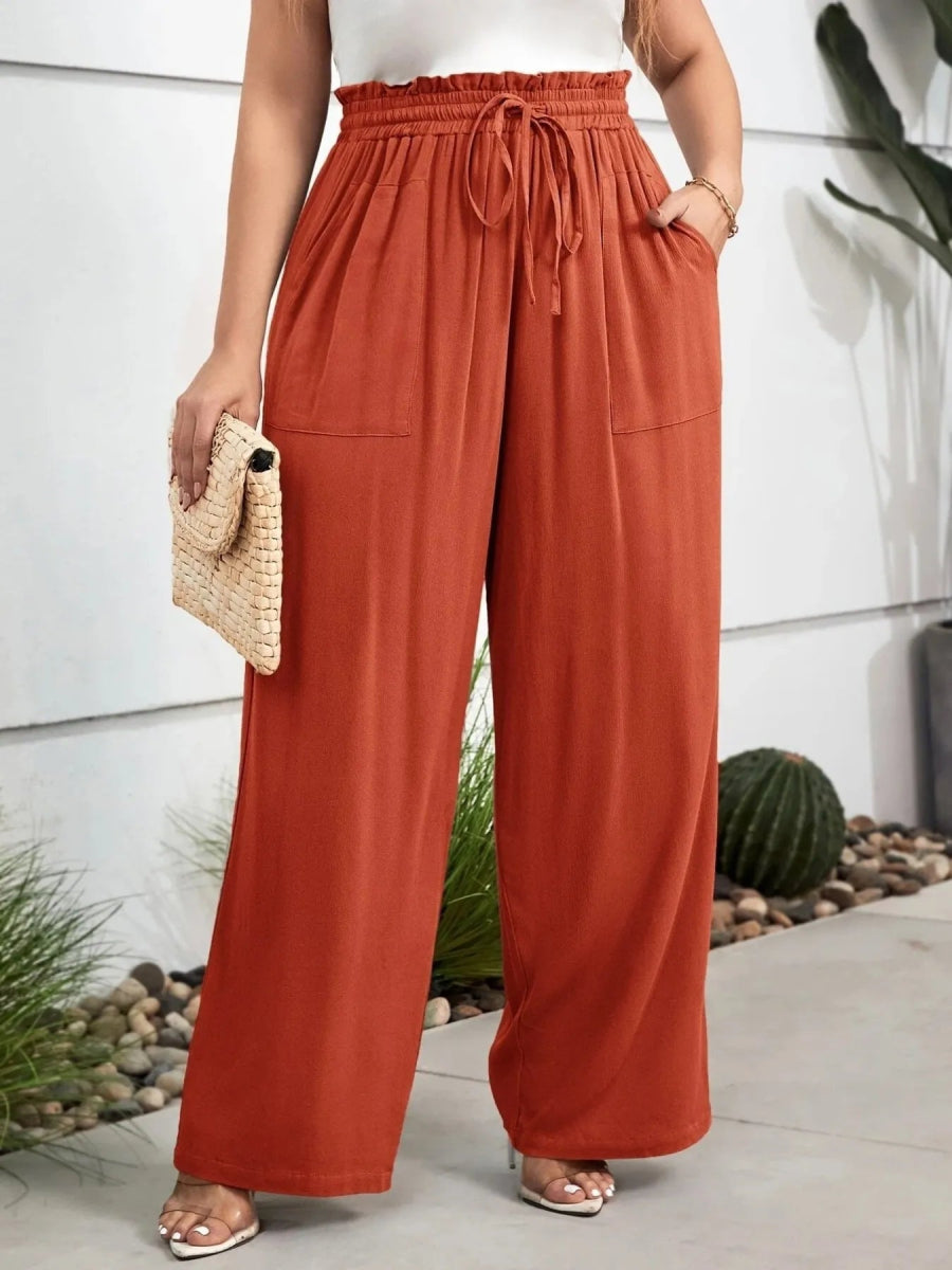 High Waist Wide Leg Drawstring Pants - Deb Shops