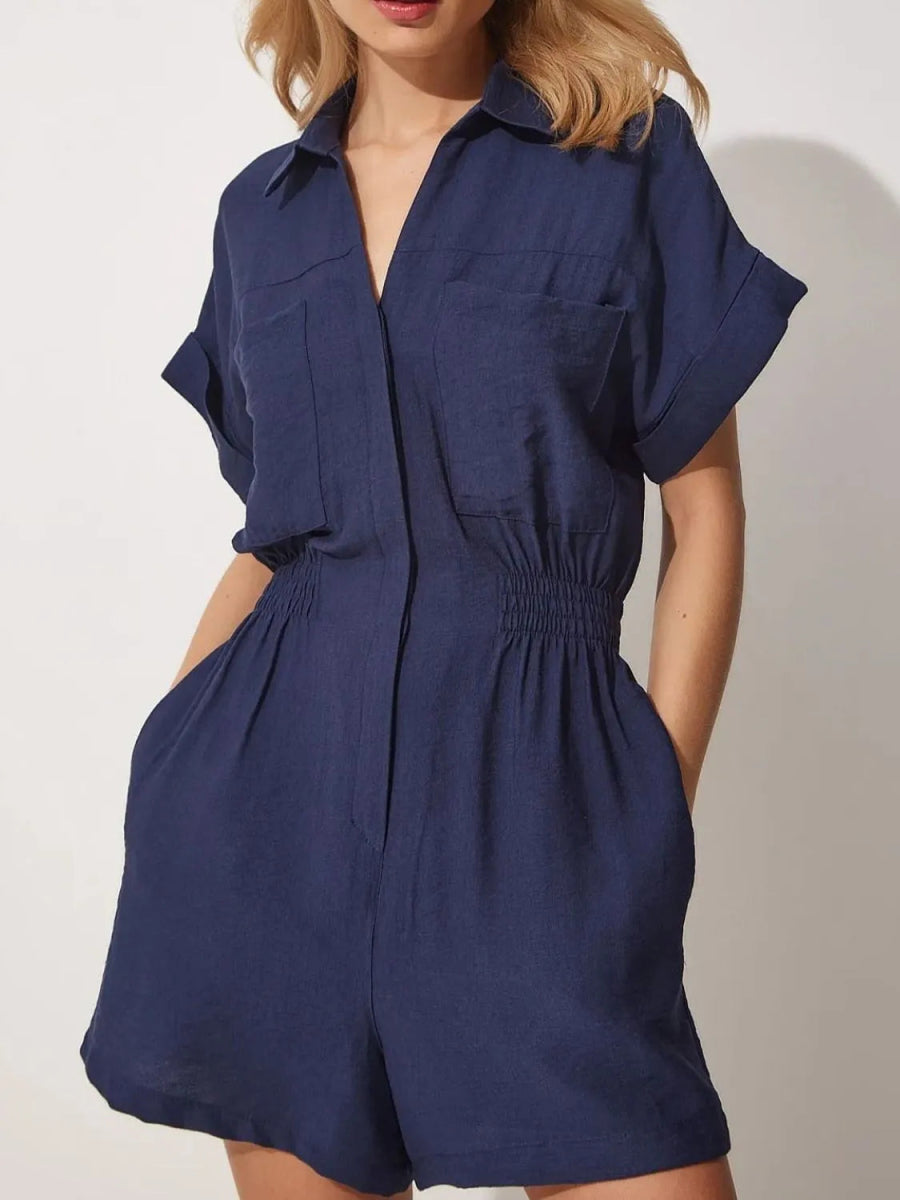 Johnny Collar Short Sleeve Romper - Deb Shops