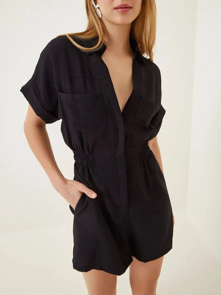 Johnny Collar Short Sleeve Romper - Deb Shops