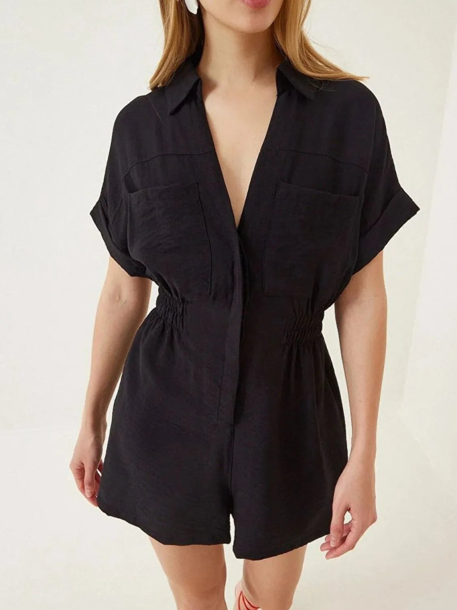 Johnny Collar Short Sleeve Romper - Deb Shops