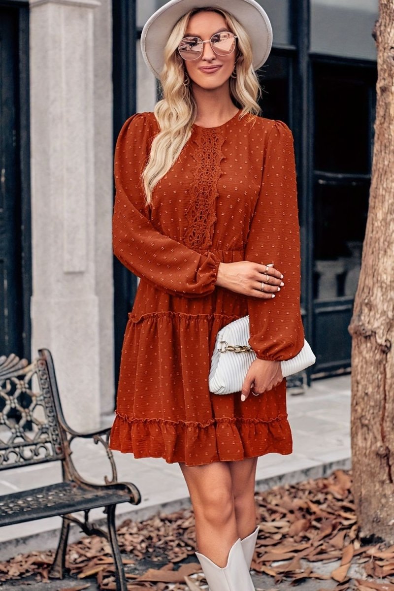 Lace Detail Swiss Dot Round Neck Mini Dress - Deb Shops