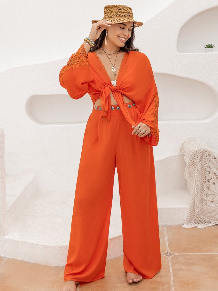 Lace Long Sleeve Top and Pants Set - Deb Shops