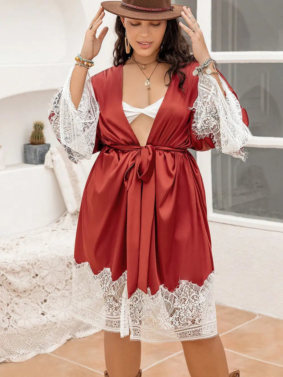 Lace Patchwork Tie Front Robe - Deb Shops