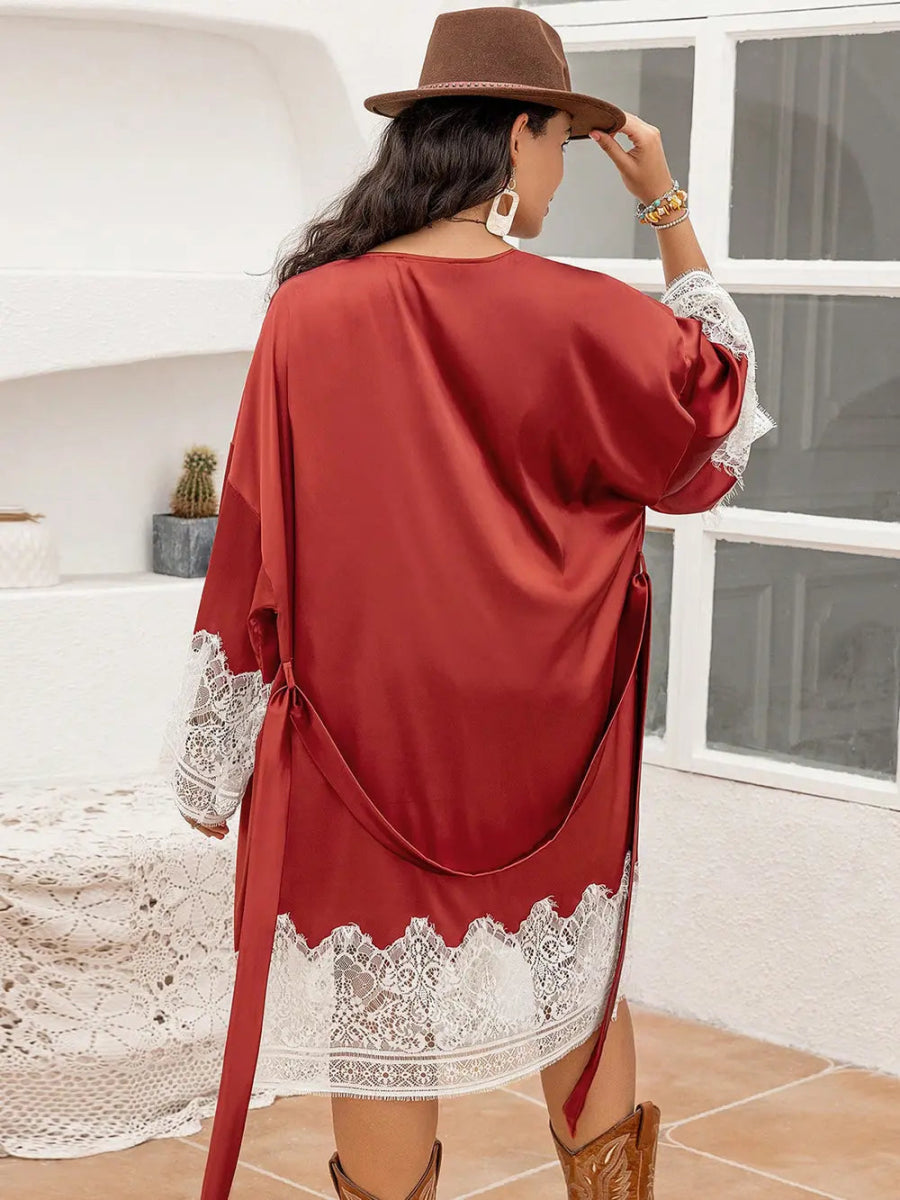 Lace Patchwork Tie Front Robe - Deb Shops