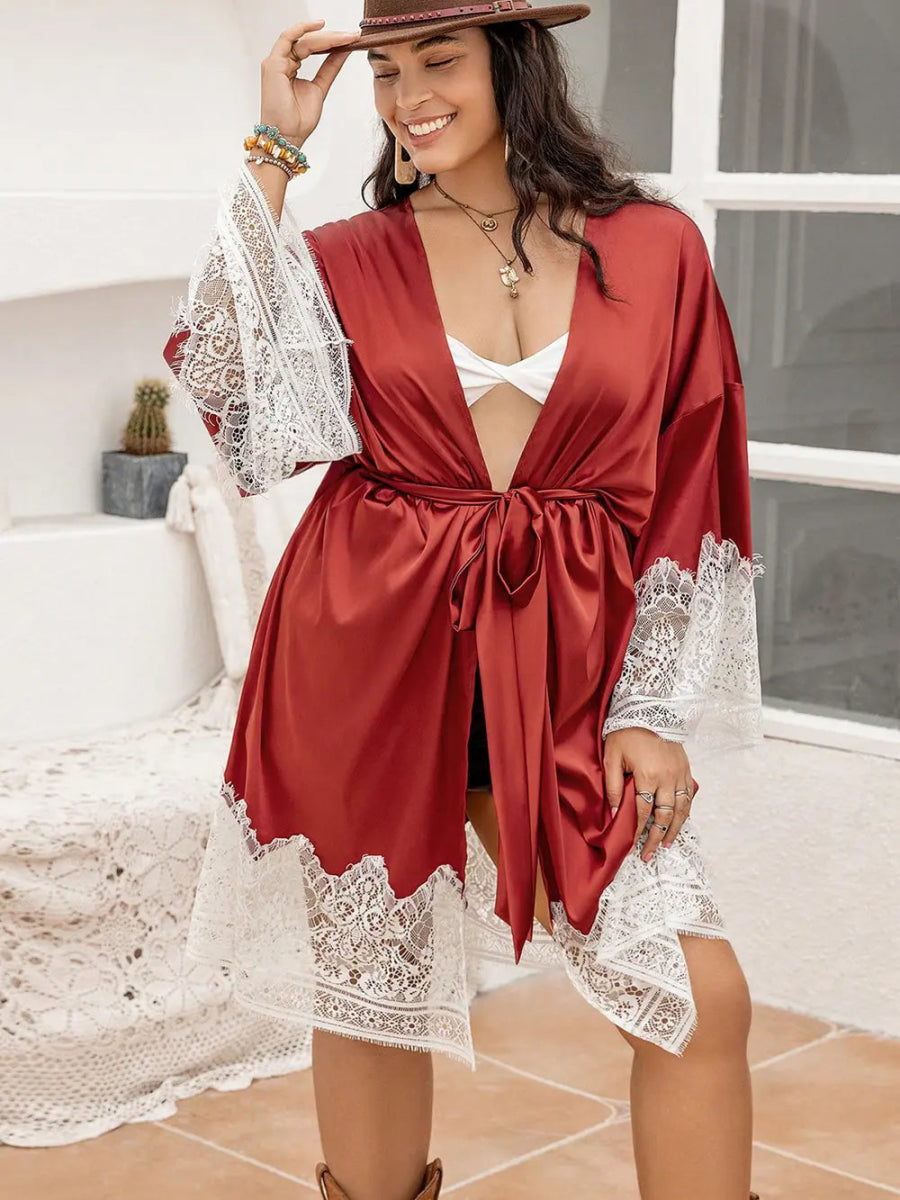 Lace Patchwork Tie Front Robe - Deb Shops