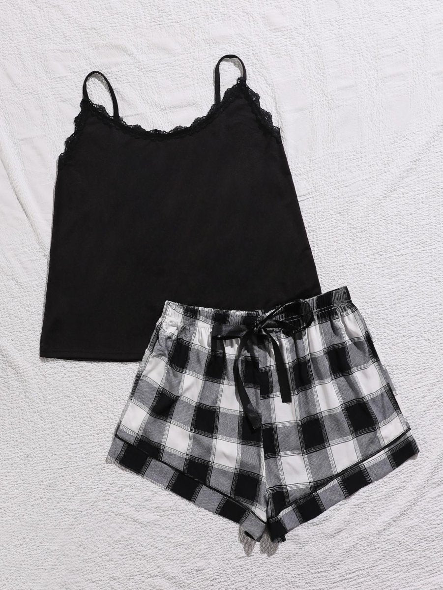 Lace Trim Scoop Neck Cami and Printed Shorts Pajama Set - Deb Shops