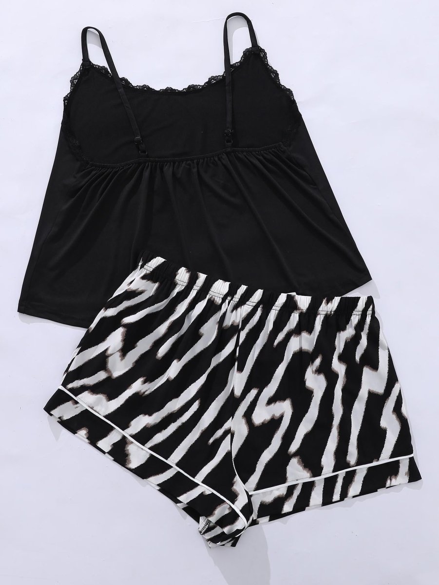 Lace Trim Scoop Neck Cami and Printed Shorts Pajama Set - Deb Shops