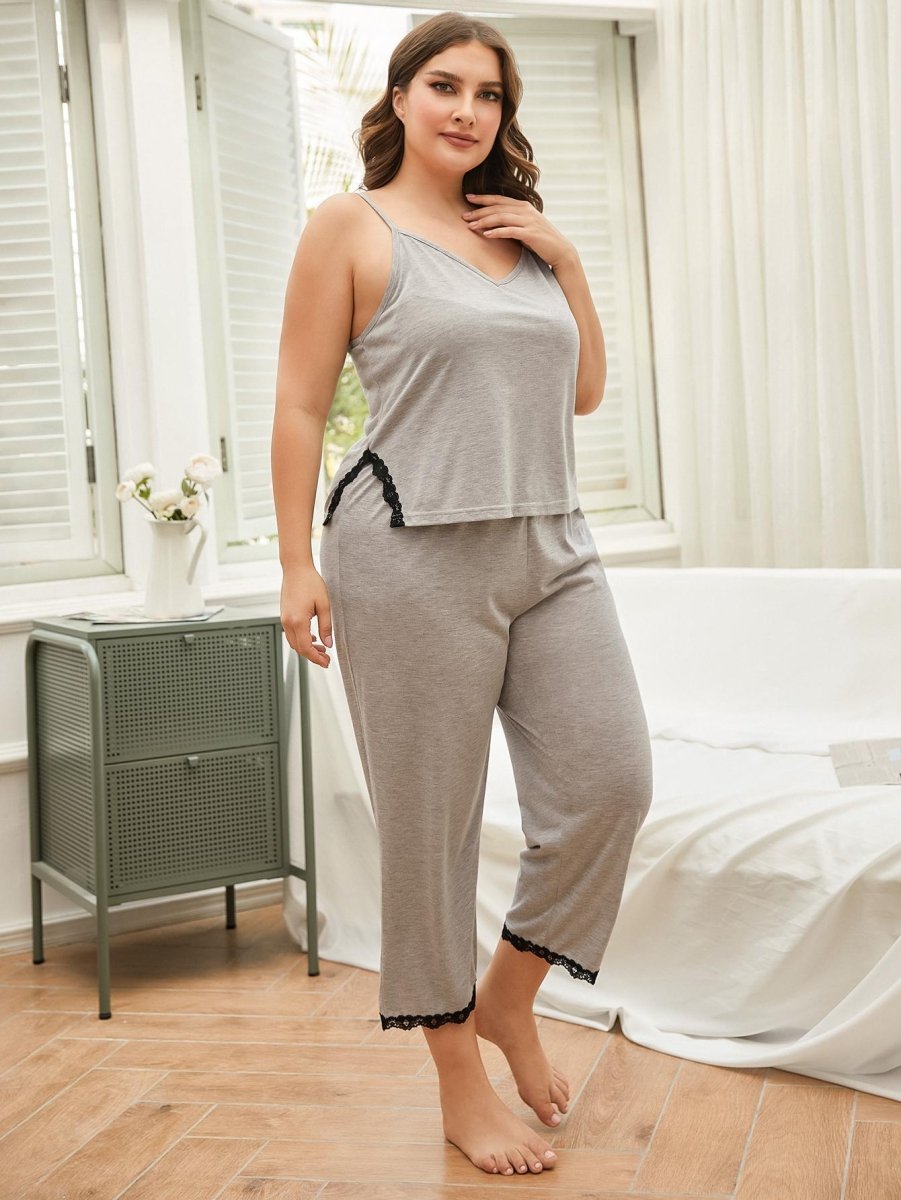 Lace Trim Slit Cami and Pants Pajama Set - Deb Shops