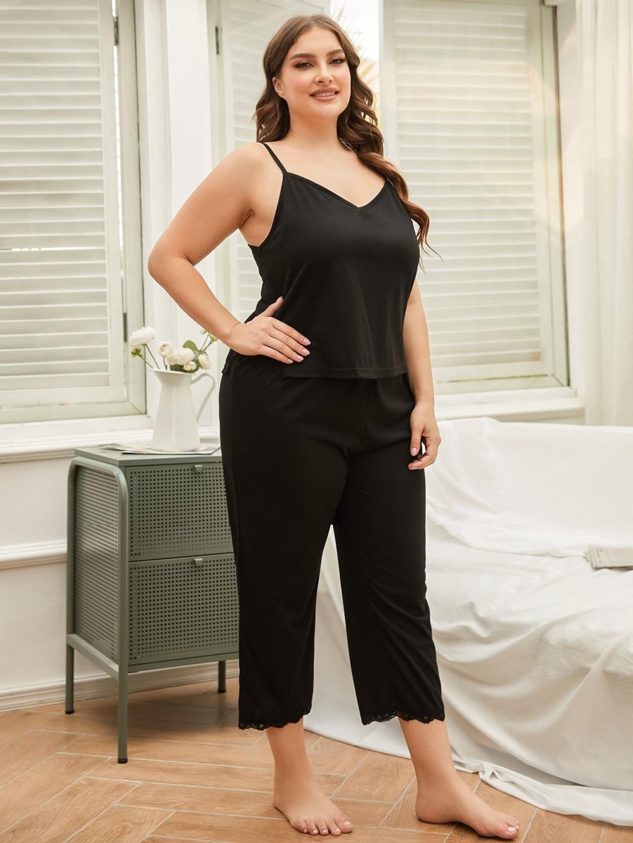 Lace Trim Slit Cami and Pants Pajama Set - Deb Shops