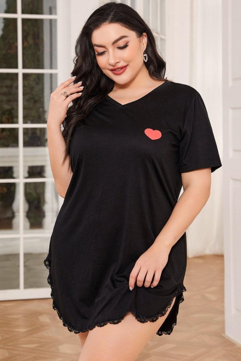 Lace Trim V - Neck Short Sleeve Night Dress - Deb Shops