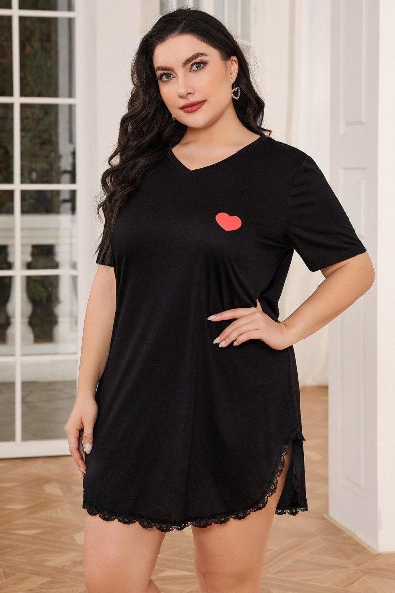 Lace Trim V - Neck Short Sleeve Night Dress - Deb Shops
