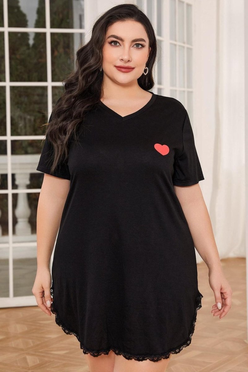 Lace Trim V - Neck Short Sleeve Night Dress - Deb Shops
