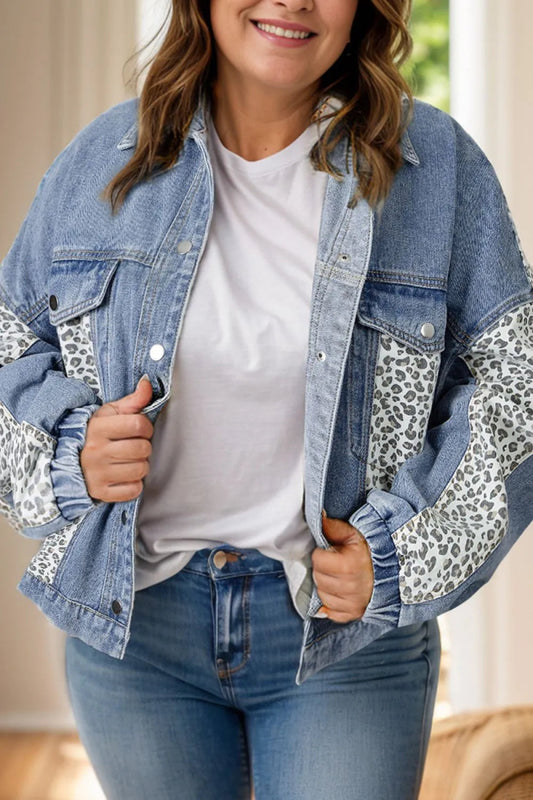 Leopard Long Sleeve Denim Jacket - Deb Shops