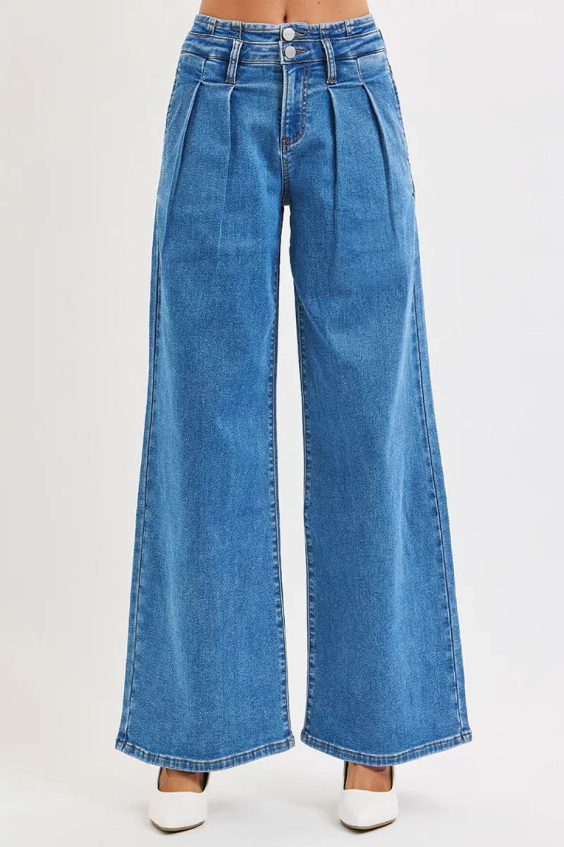 Mid Rise Fit Wide Leg with Pleated Detail Jeans - Deb Shops