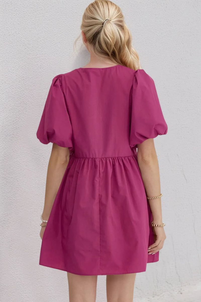 Oh Bow Ruched Puff Sleeve Mini Dress - Deb Shops