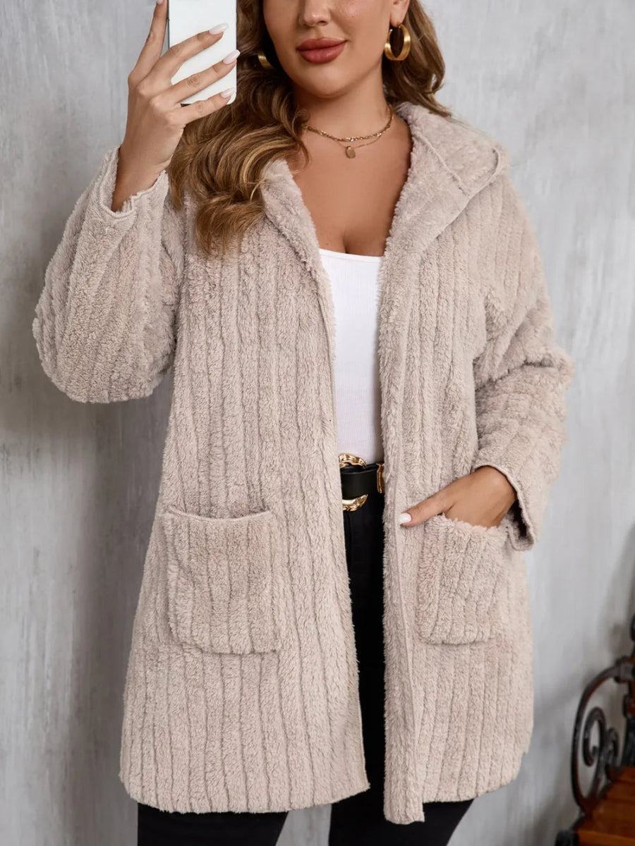 Open Front Long Sleeve Hooded Fuzzy Jacket - Deb Shops