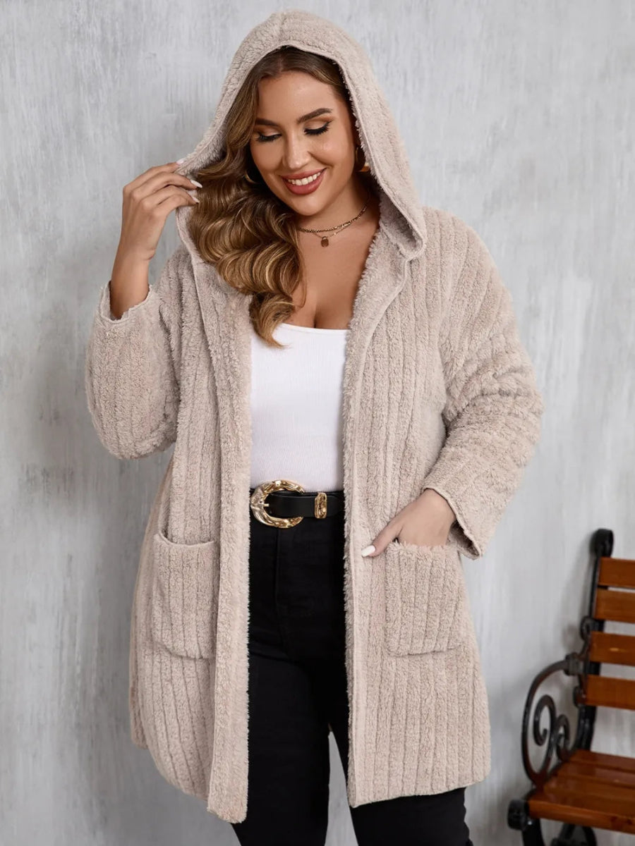 Open Front Long Sleeve Hooded Fuzzy Jacket - Deb Shops