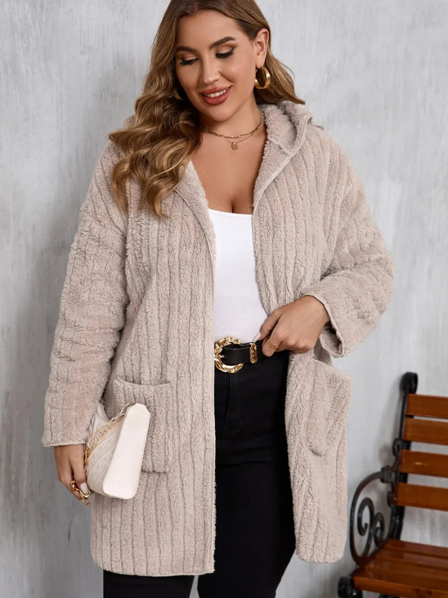 Open Front Long Sleeve Hooded Fuzzy Jacket - Deb Shops