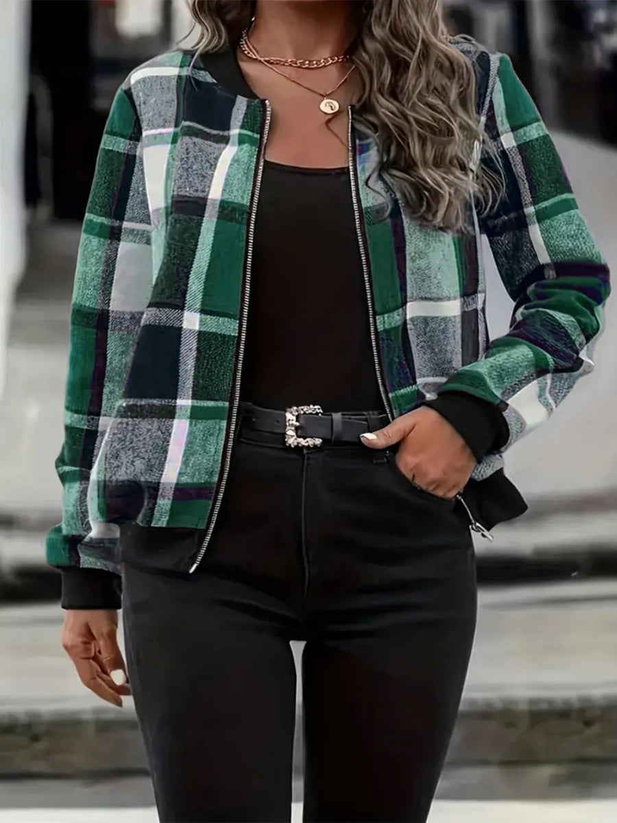 Plaid Baseball Collar Zip Up Jacket - Deb Shops