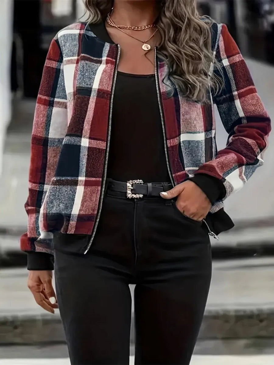 Plaid Baseball Collar Zip Up Jacket - Deb Shops