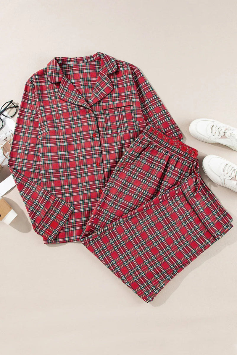 Plaid Collared Neck Top and Pants Lounge Set - Deb Shops