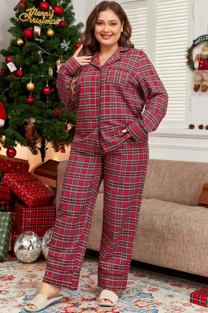 Plaid Collared Neck Top and Pants Lounge Set - Deb Shops