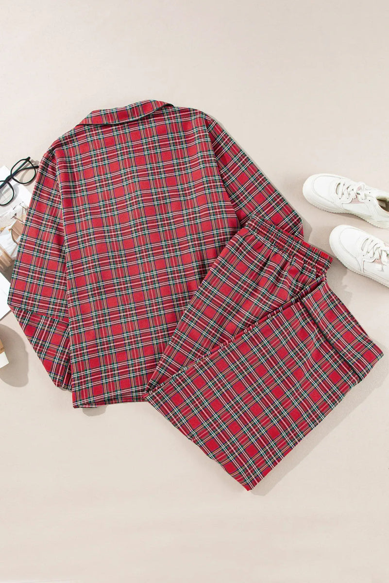 Plaid Collared Neck Top and Pants Lounge Set - Deb Shops
