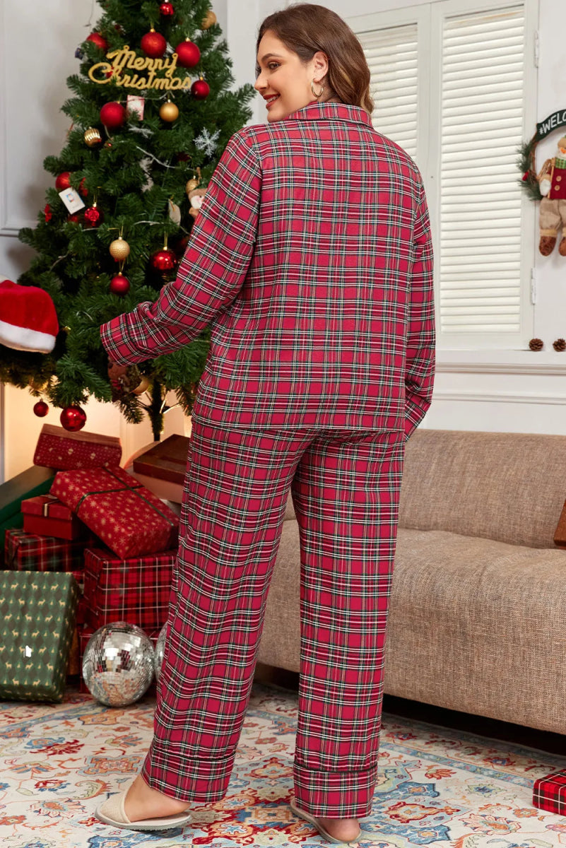 Plaid Collared Neck Top and Pants Lounge Set - Deb Shops