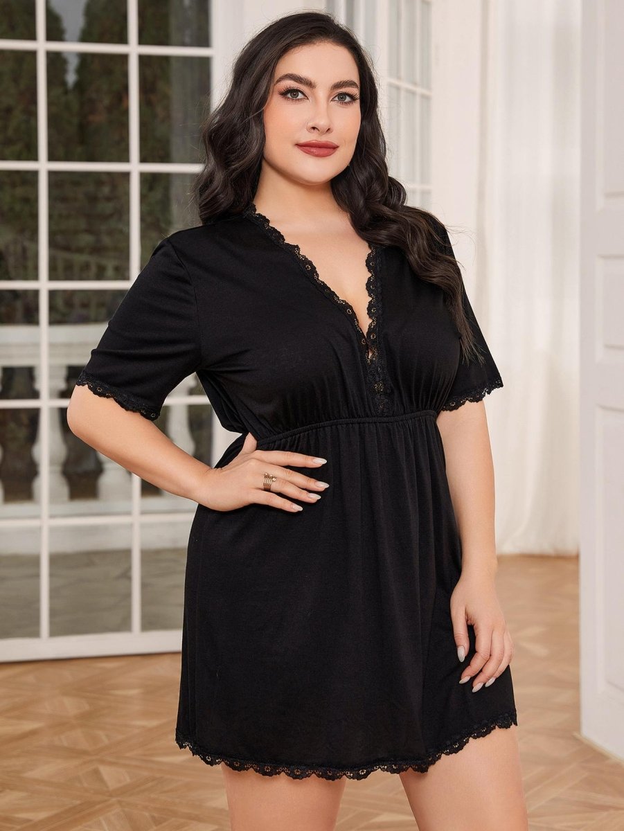 Plus Size Lace Trim Deep V Night Dress - Deb Shops