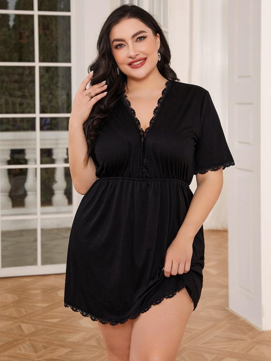Plus Size Lace Trim Deep V Night Dress - Deb Shops