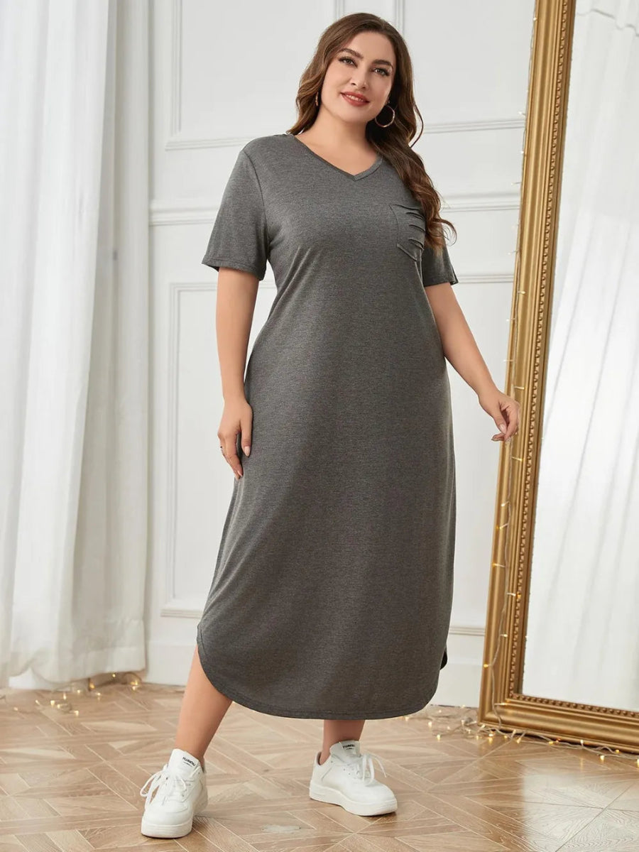 Plus Size Pocketed V - Neck Short Sleeve Lounge Dress - Deb Shops