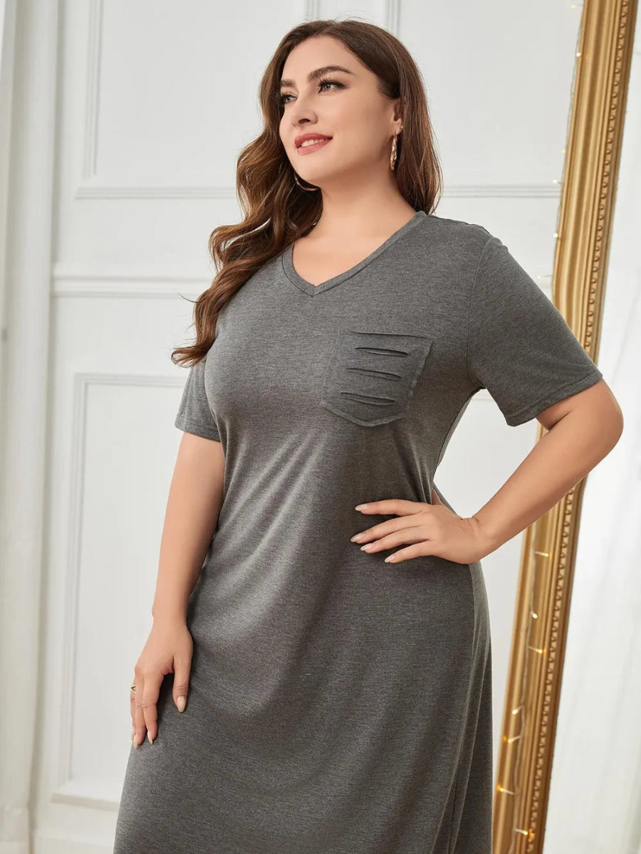 Plus Size Pocketed V - Neck Short Sleeve Lounge Dress - Deb Shops