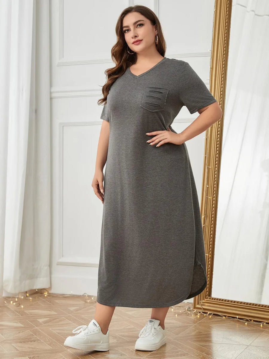 Plus Size Pocketed V - Neck Short Sleeve Lounge Dress - Deb Shops