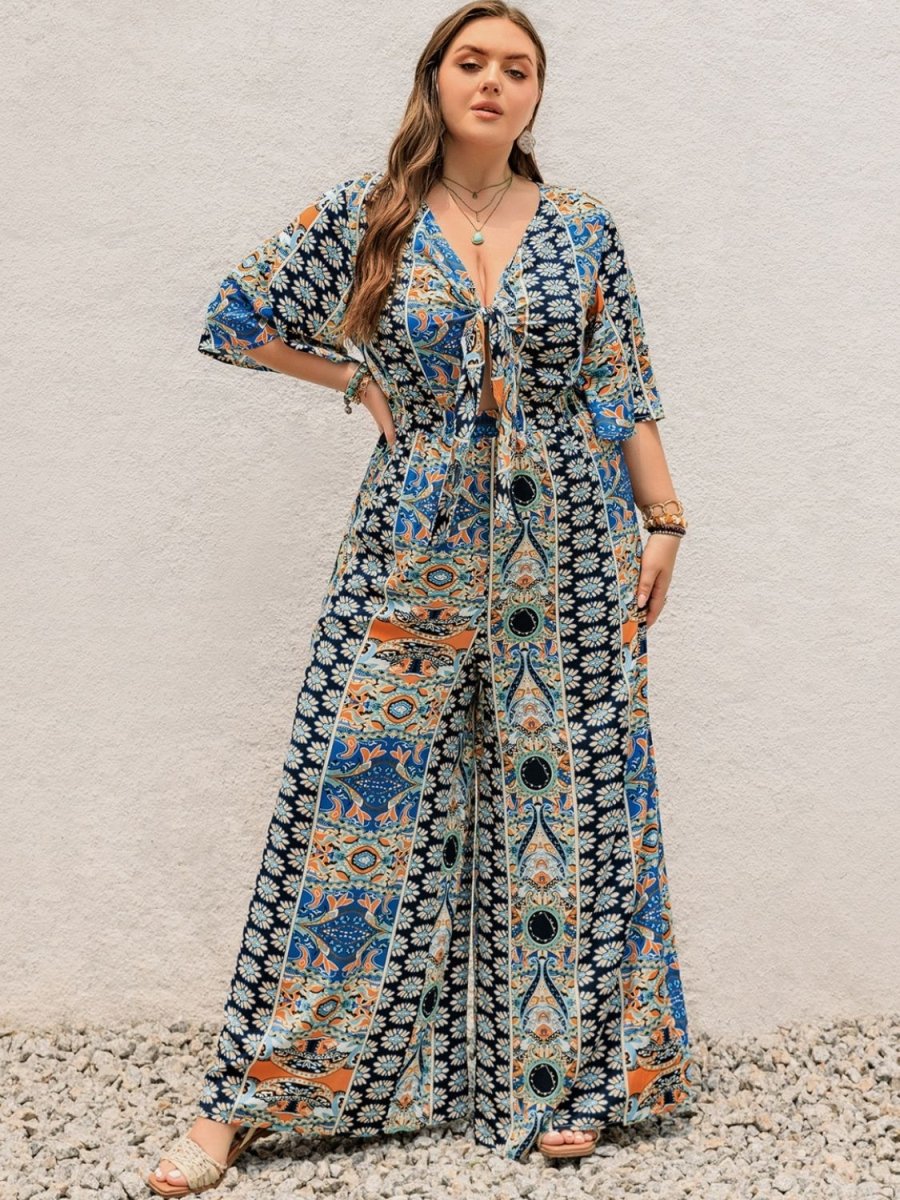 Plus Size Printed Half Sleeve Wide Leg Jumpsuit - Deb Shops