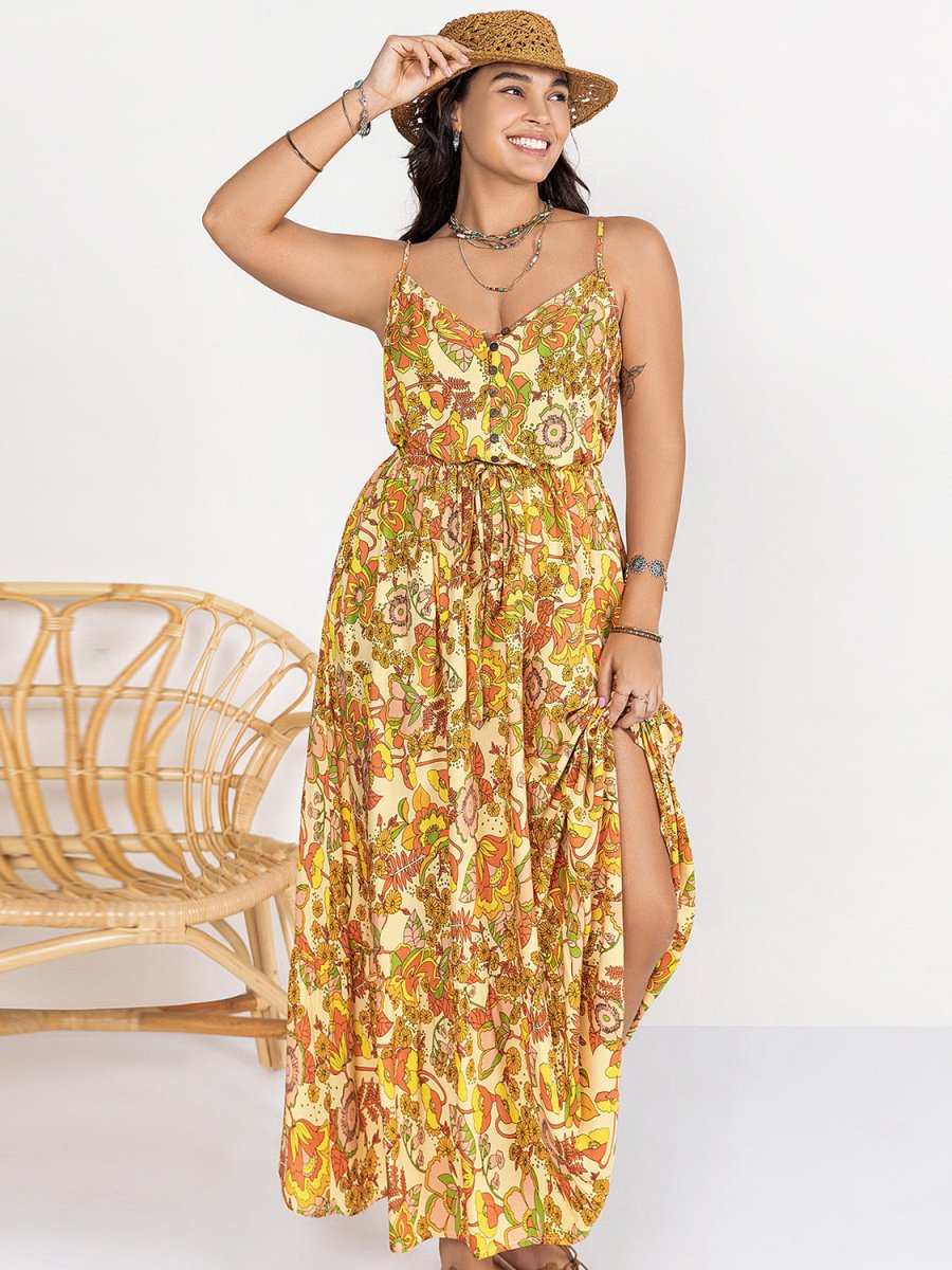 Plus Size Printed V - Neck Maxi Cami Dress - Deb Shops