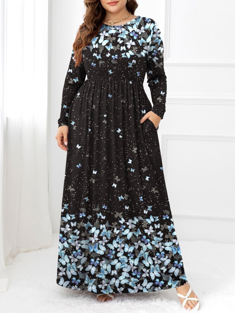 Plus Size Round Neck Maxi Dress with Pockets - Deb Shops
