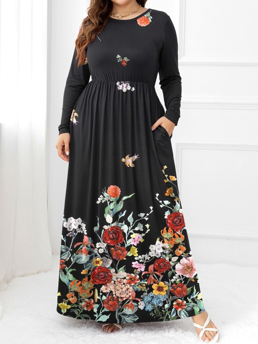 Plus Size Round Neck Maxi Dress with Pockets - Deb Shops