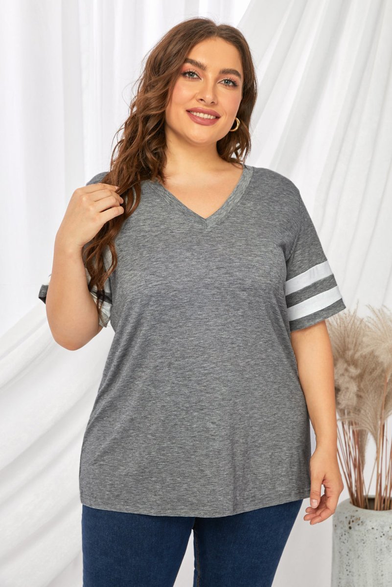 Plus Size Striped V - Neck Tee Shirt - Deb Shops