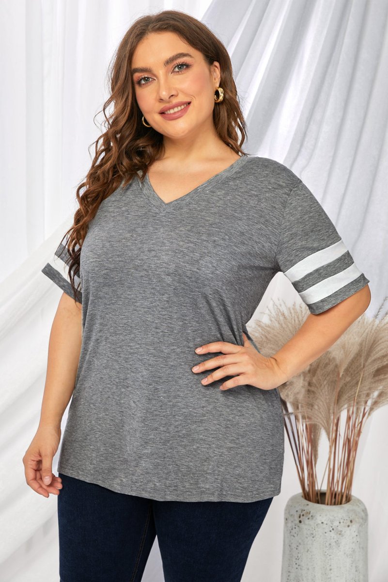 Plus Size Striped V - Neck Tee Shirt - Deb Shops