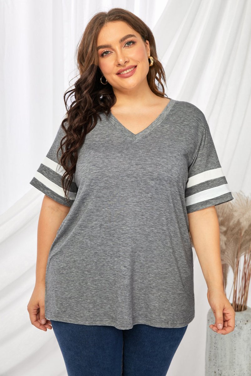 Plus Size Striped V - Neck Tee Shirt - Deb Shops