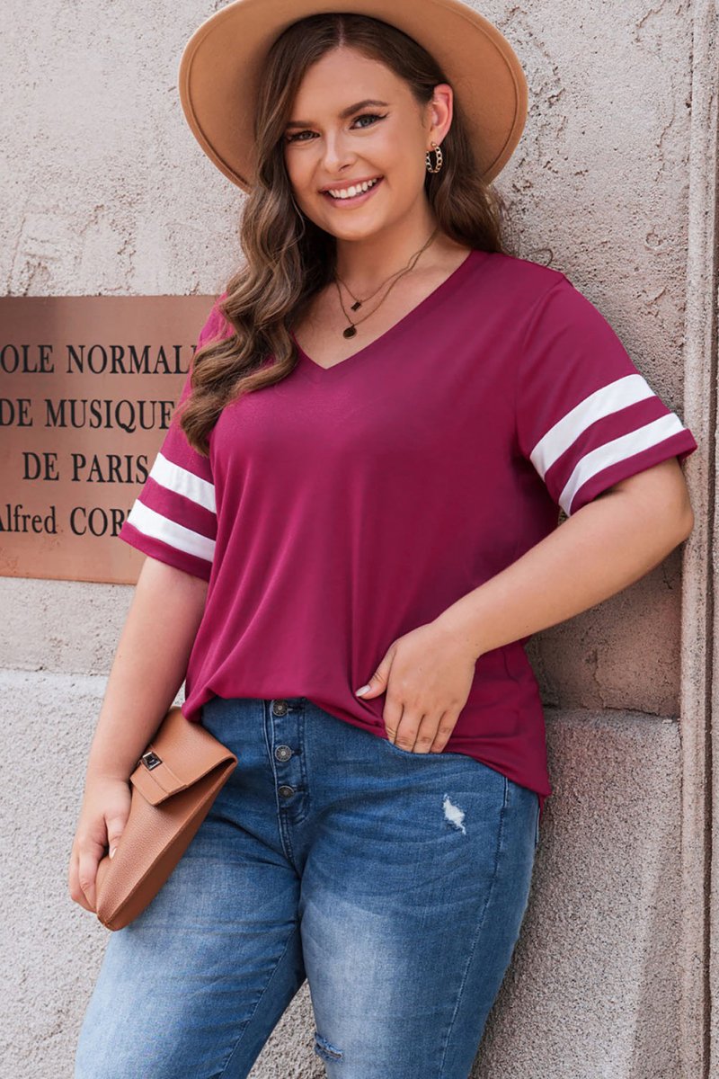 Plus Size Striped V - Neck Tee Shirt - Deb Shops
