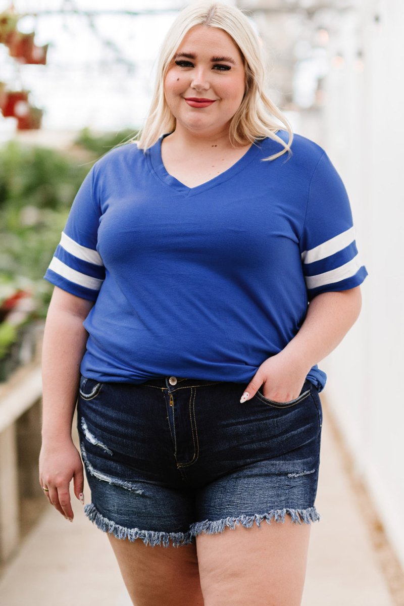Plus Size Striped V - Neck Tee Shirt - Deb Shops